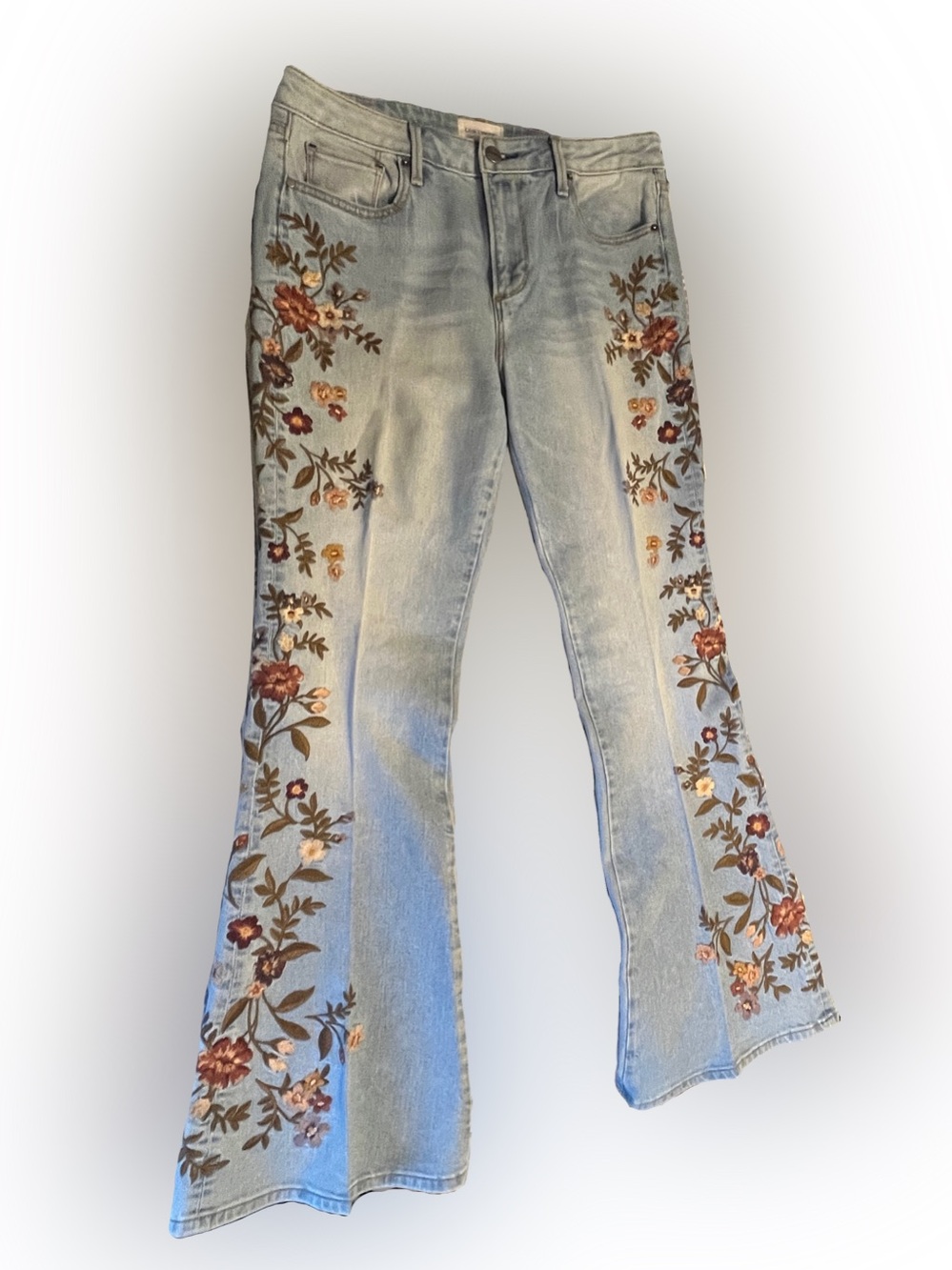 DRIFTWOOD Light Blue Flare Jeans with Brown & Peach Floral Embroidery 28x32